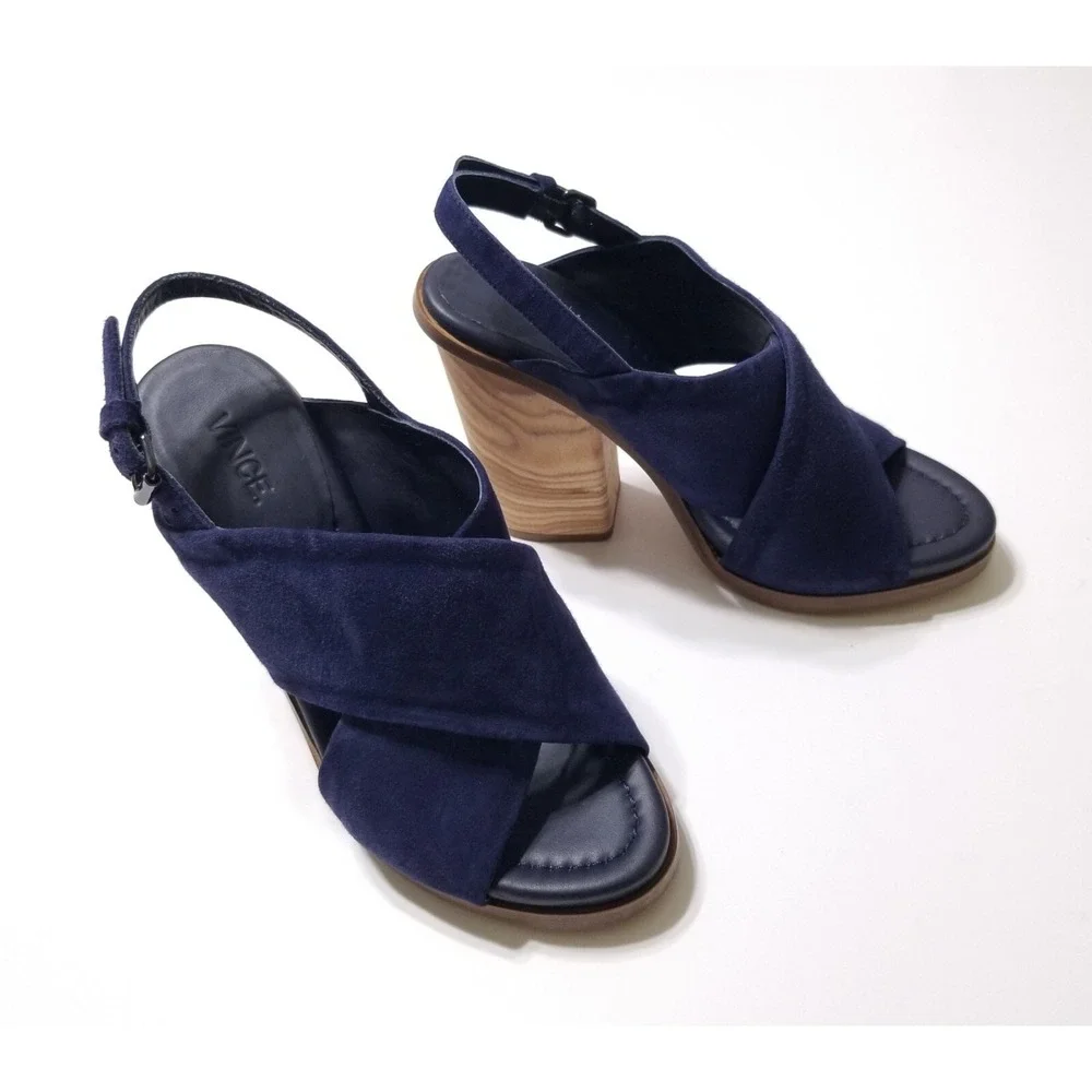 Vince Helena Suede Slingback Wooden Block Heel Sandals Indigo Blue NIB 6.5 7